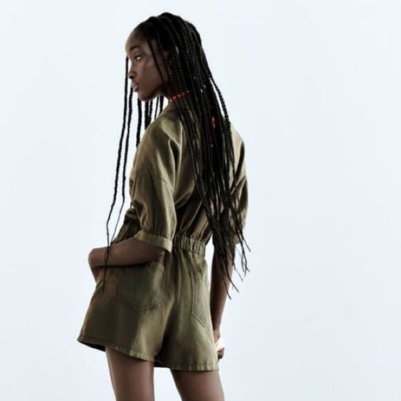 Zara Linen Blend Khaki Jumpsuit New - Picture 6 of 10